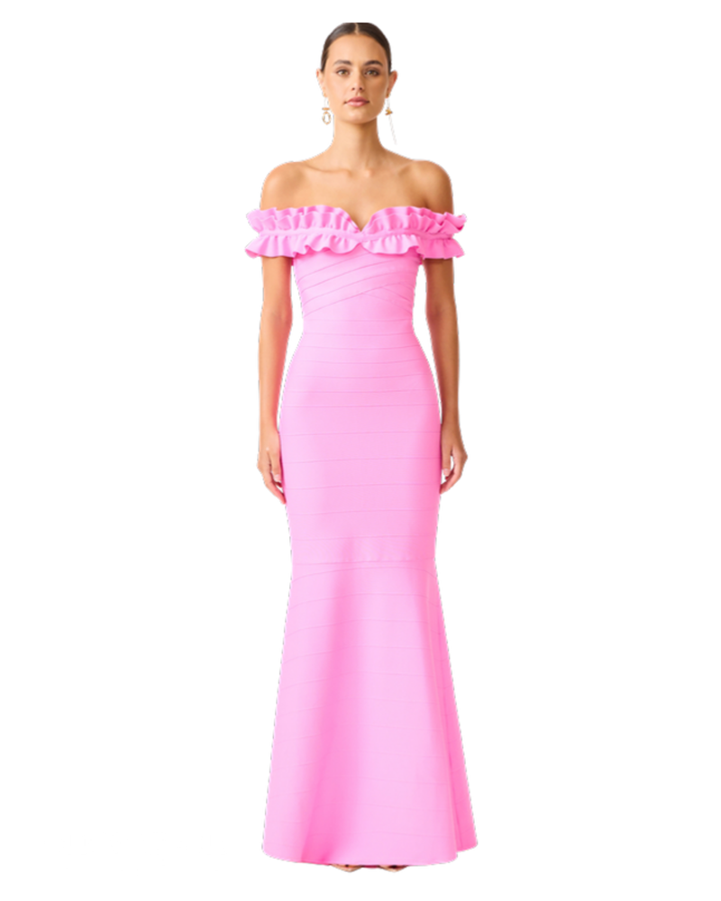 Elliatt Orelia Ruffle Maxi Gown in candy pink, front view