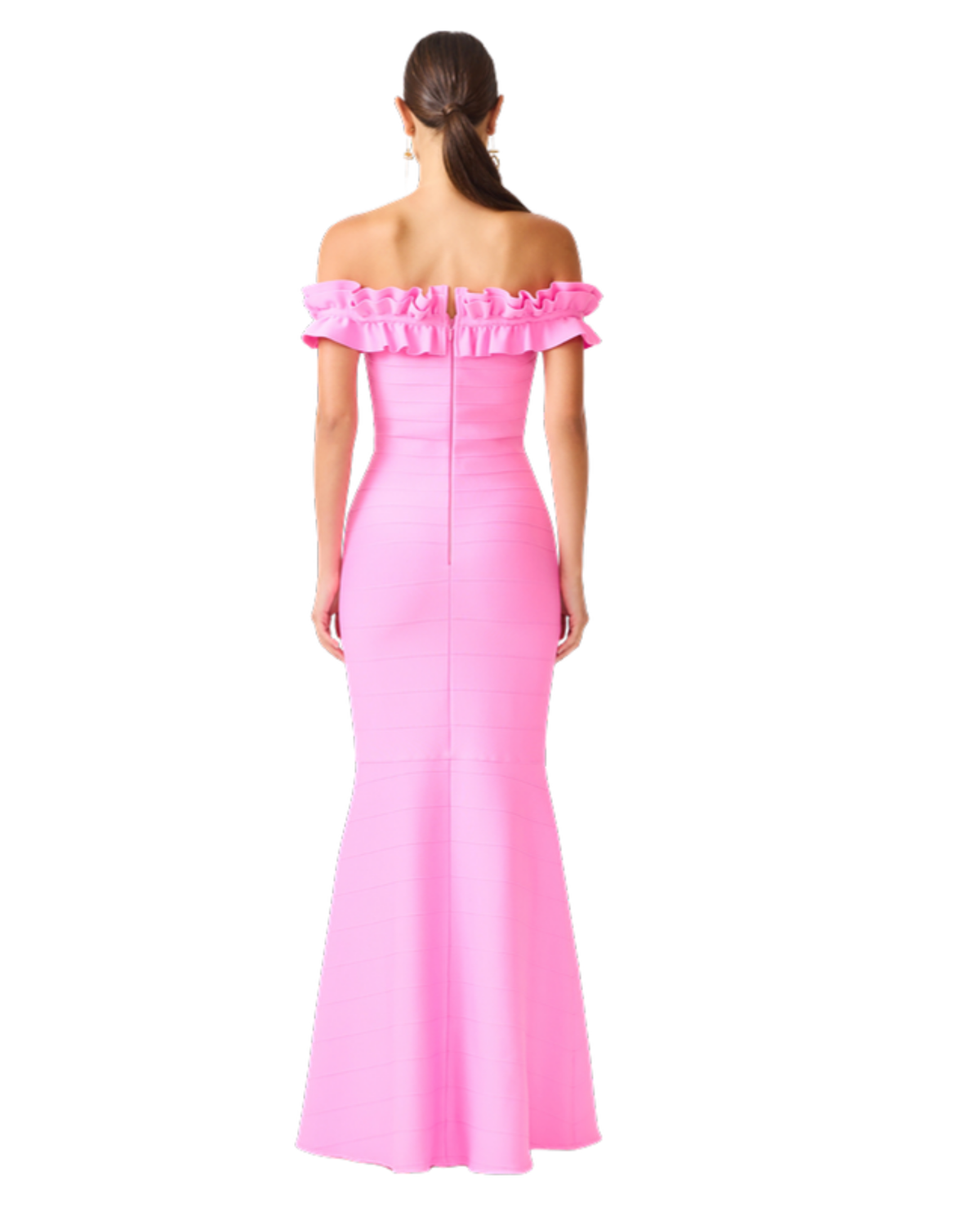 Elliatt Orelia Ruffle Maxi Gown in candy pink, back view