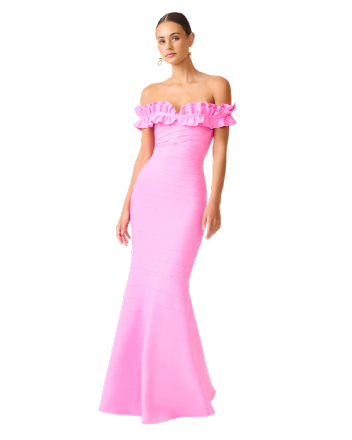 Elliatt Orelia Ruffle Maxi Gown in candy pink, side view