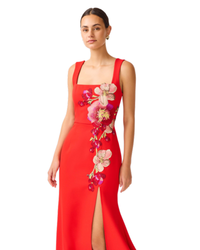 Elliatt Fleurisca Embroidered Gown in scarlet red, front close-up