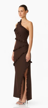 Elliatt Floriana Asymmetric Neck Gown Brown front