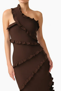 Elliatt Floriana Asymmetric Neck Gown Brown front detail