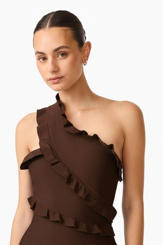 Elliatt Floriana Asymmetric Neck Gown Brown front close up