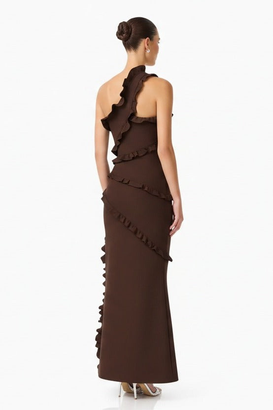 Elliatt Floriana Asymmetric Neck Gown Brown side back