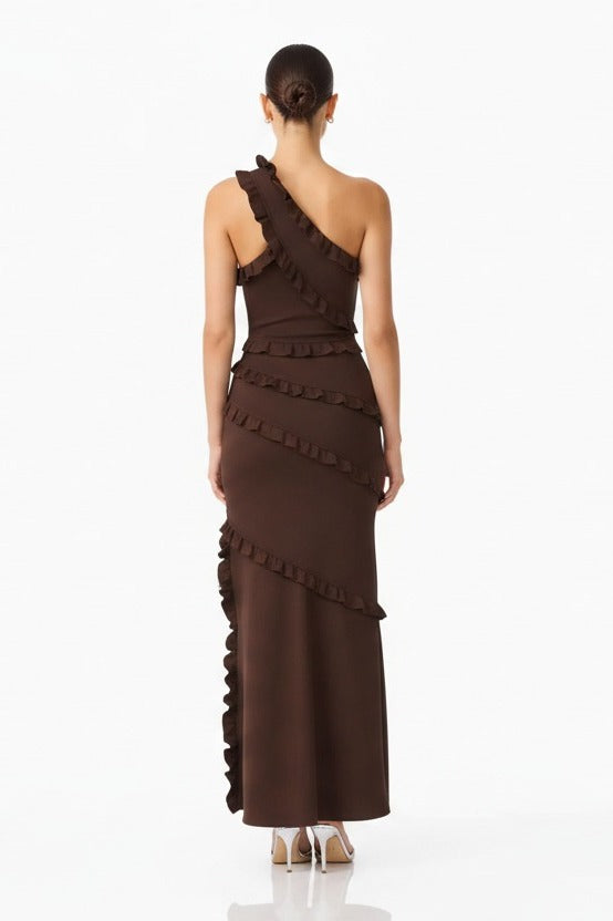 Elliatt Floriana Asymmetric Neck Gown Brown back
