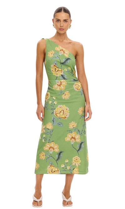 Kivari Eve One Shoulder Midi Dress in green floral