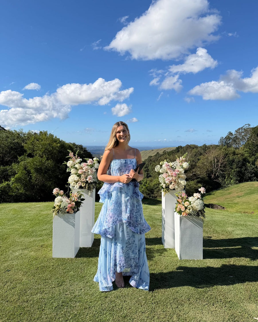 Customer  wearing Elliatt Armani Tiered Maxi Dress Baby Blue Floral