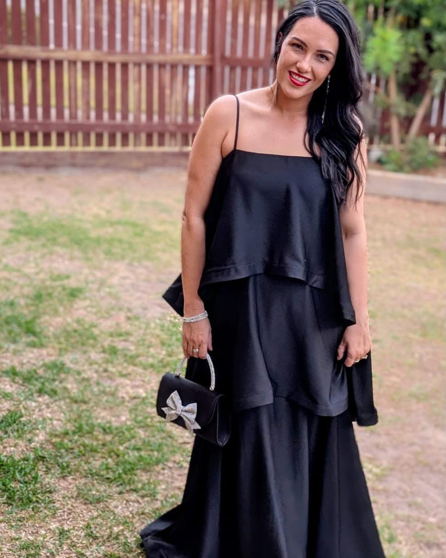 Customer @becnorthcott wearing Elliatt Tilly Tiered Maxi Dress Black