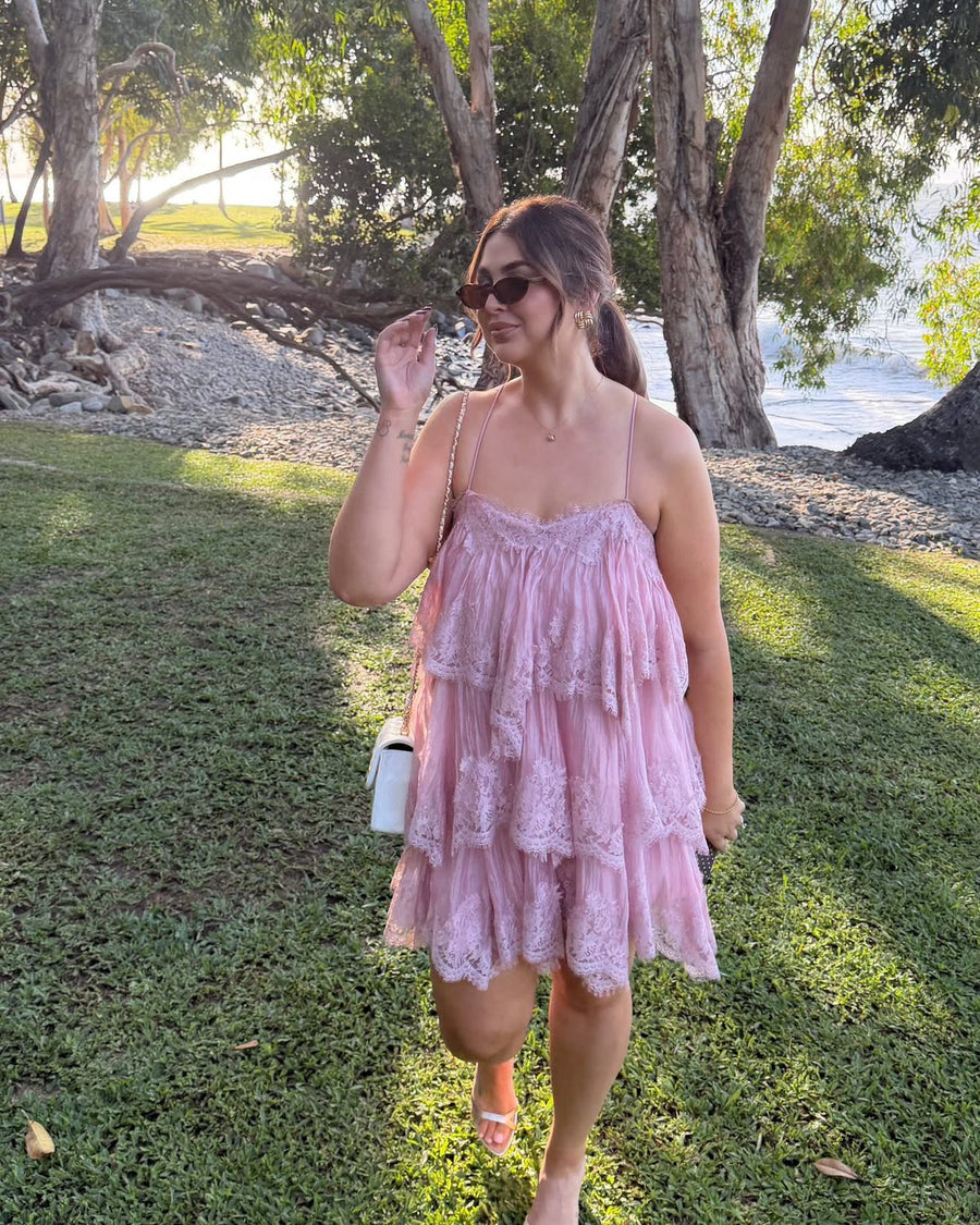 Customer @maddygavin wearing Aje Ophelia Lace Mini Dress Fawn Pink