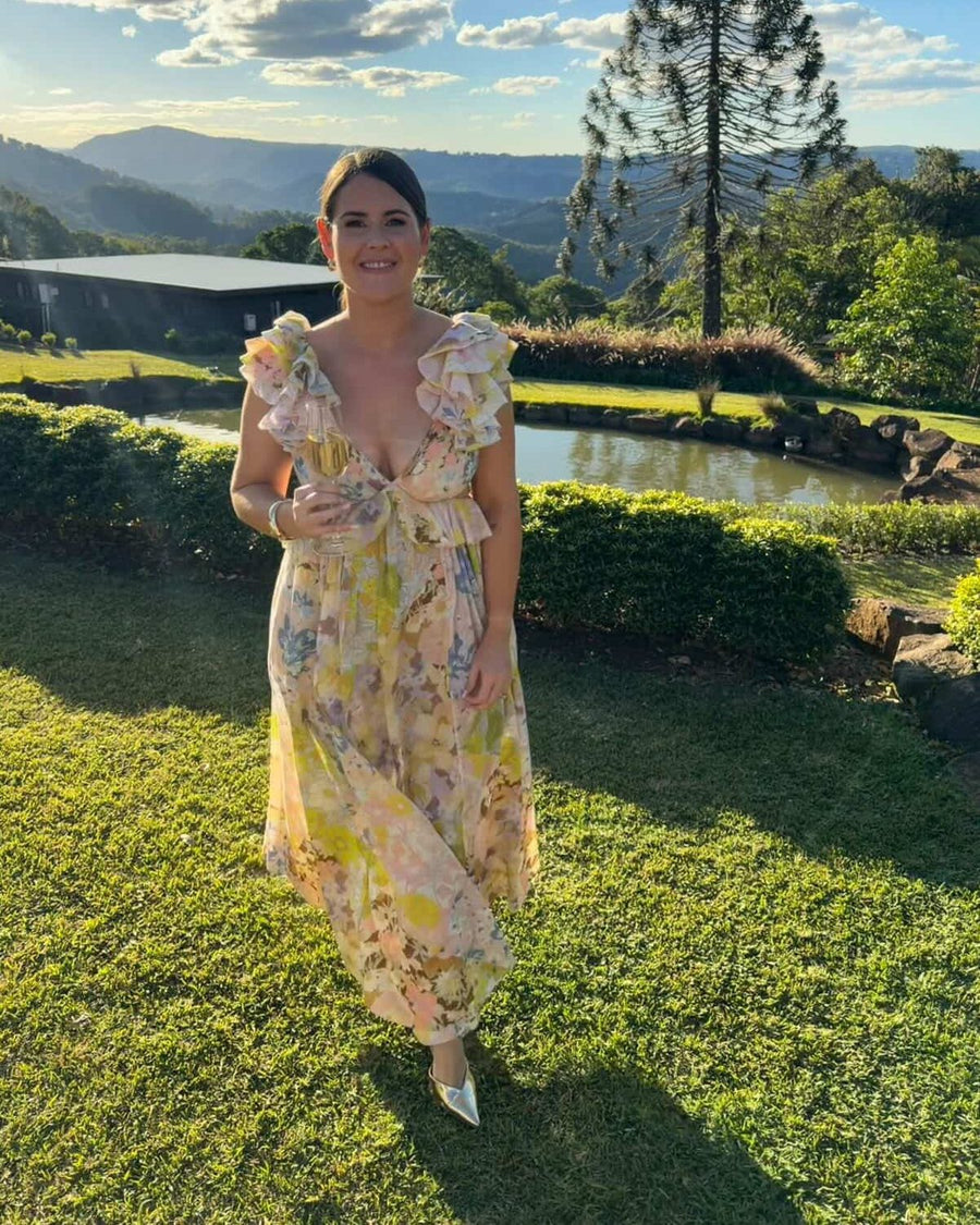 Customer @michaela.endres18 wearing Zimmermann Pop Ruffle Sleeve Maxi Dress