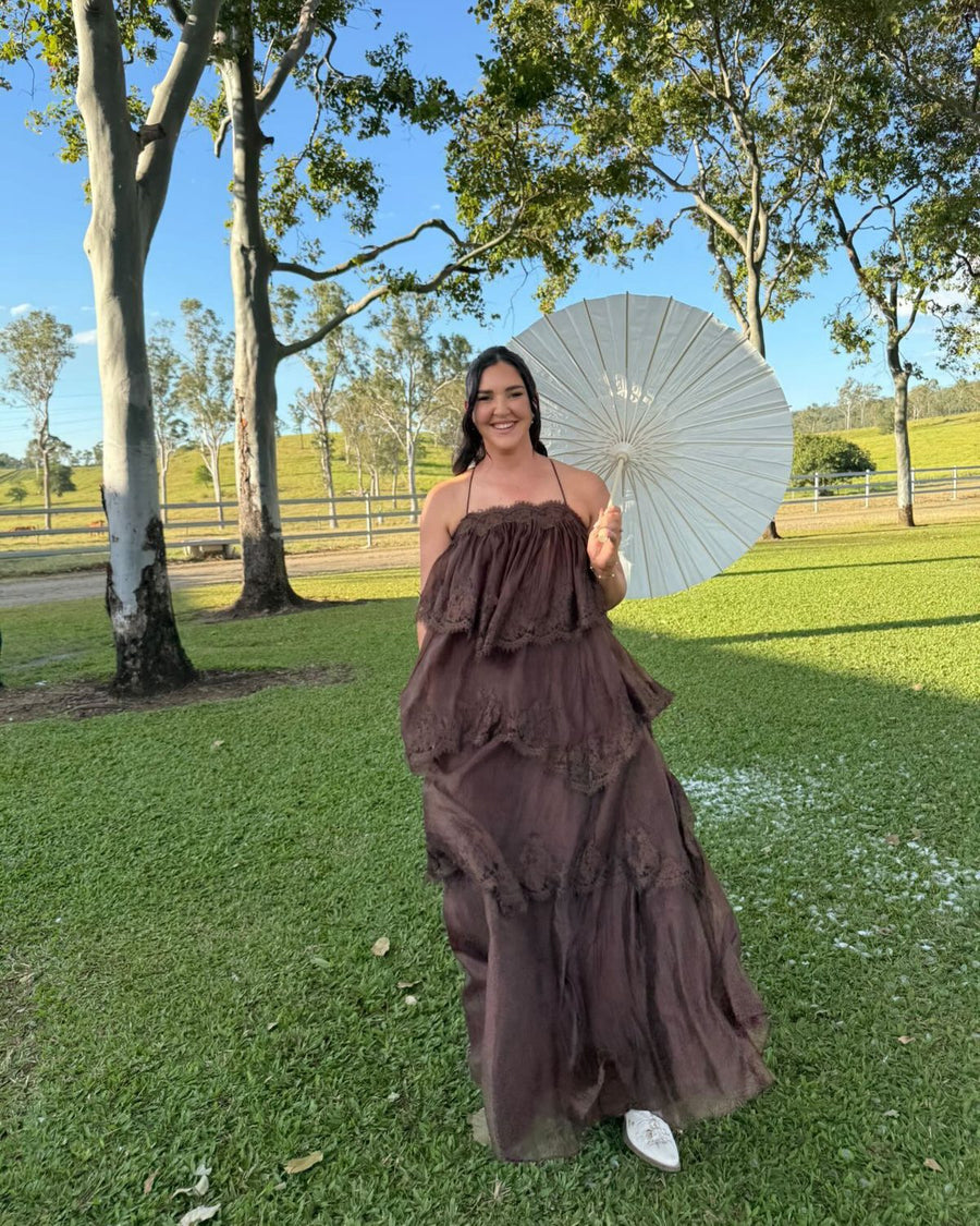 Customer @monty_mcnally wearing Aje Ophelia Lace Gown Chocolate