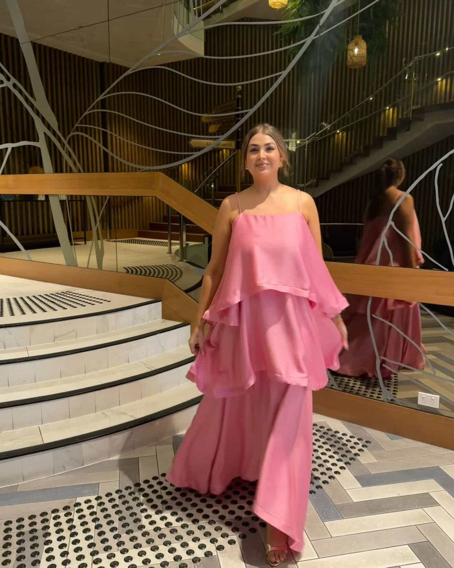 Customer @kaityveleski wearing Elliatt Tilly Tiered Maxi Dress Pink