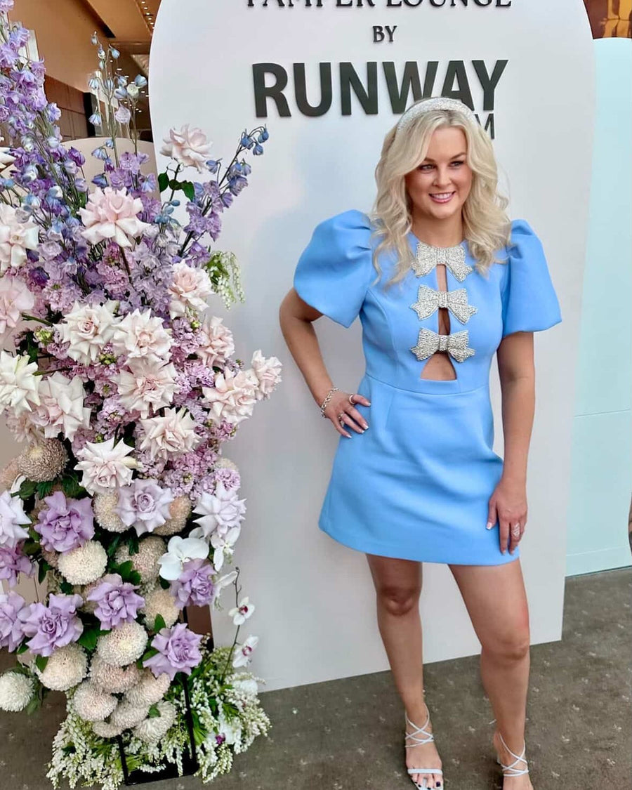 Customer in Rebecca Vallance Juliana Puff Sleeve Mini Dress Blue