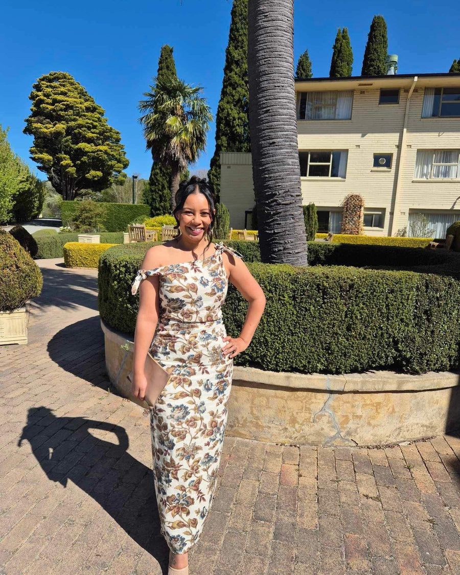 Customer in Sir The Label Eleanora Tie Shoulder Dress