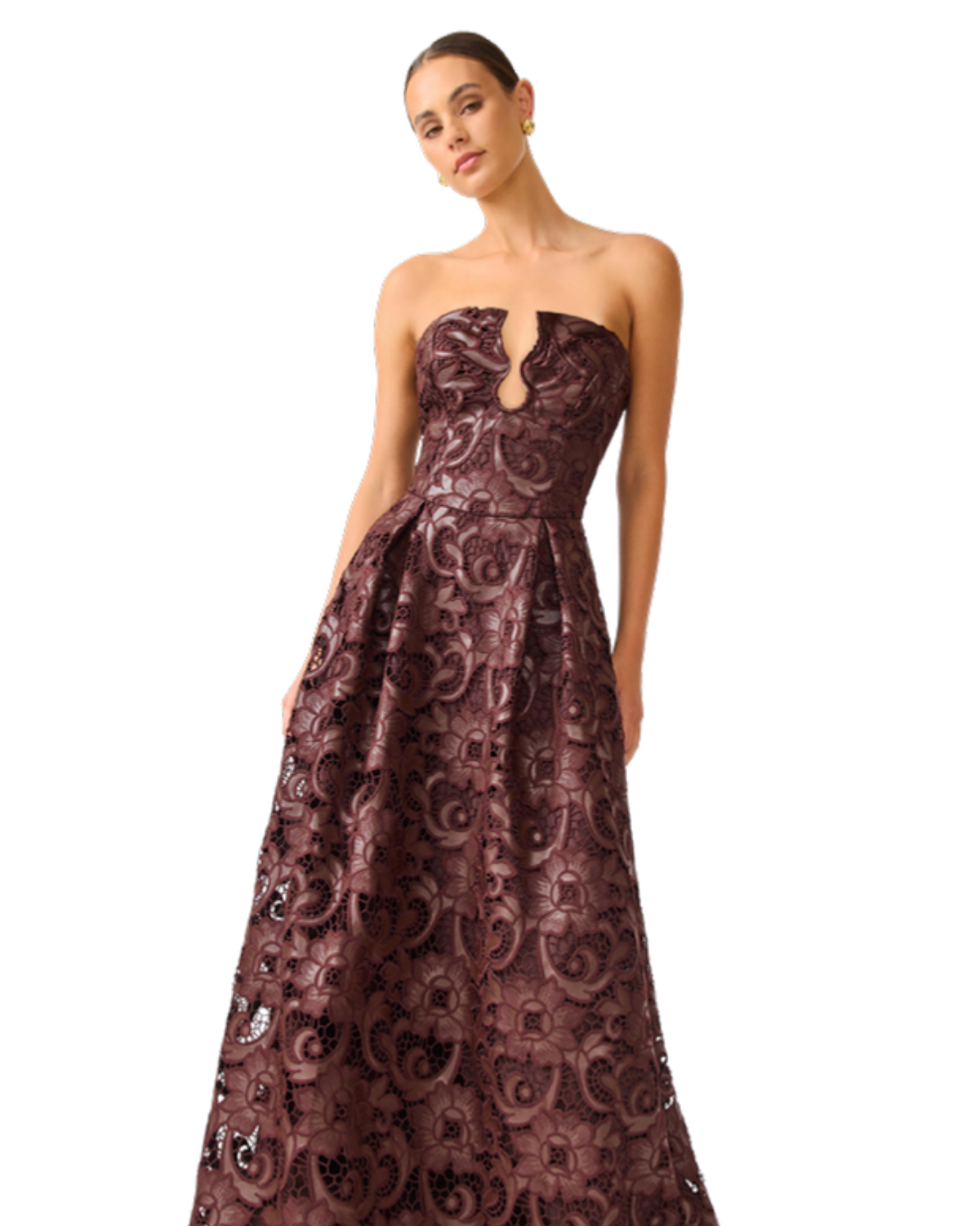 Elliatt Novelle Sweetheart Maxi Dress in chocolate brown, front close-up