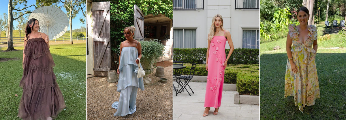 Four designer maxi dresses available to hire, perfect for choosing a backup dress