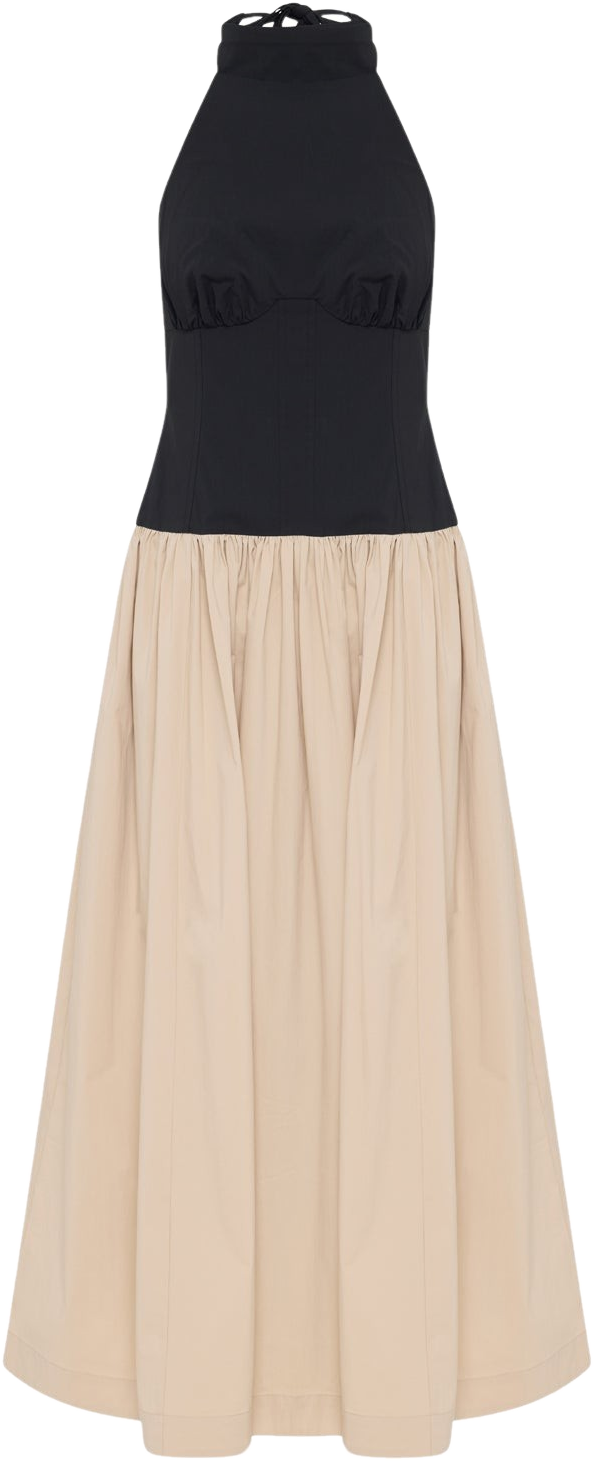 Shona Joy Campbell Contrast Halter Neck Midi Dress in black and oat milk