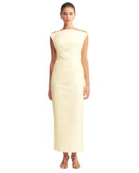 Shona Joy Otis Draped High Neck Midi Dress in Yuzu pale yellow, front view