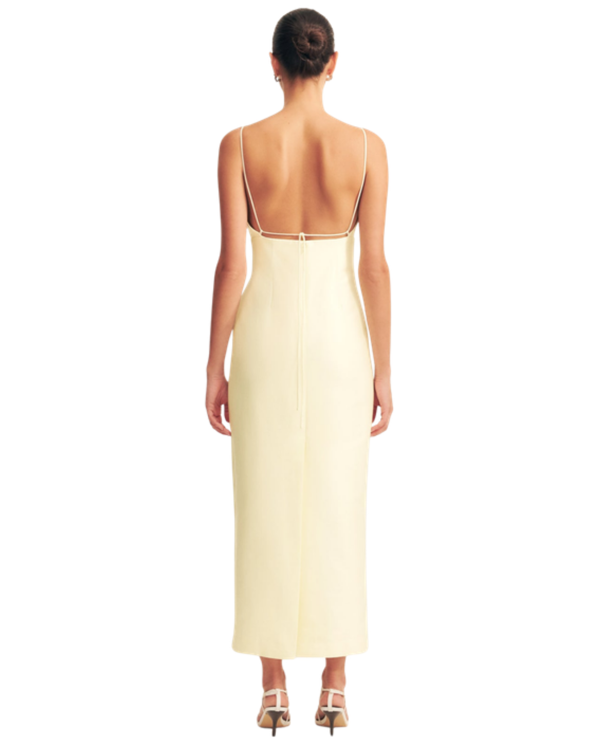 Shona Joy Otis Draped High Neck Midi Dress in Yuzu pale yellow, back view