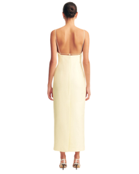 Shona Joy Otis Draped High Neck Midi Dress in Yuzu pale yellow, back view