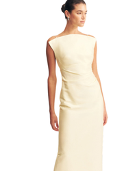Shona Joy Otis Draped High Neck Midi Dress in Yuzu pale yellow, front close-up