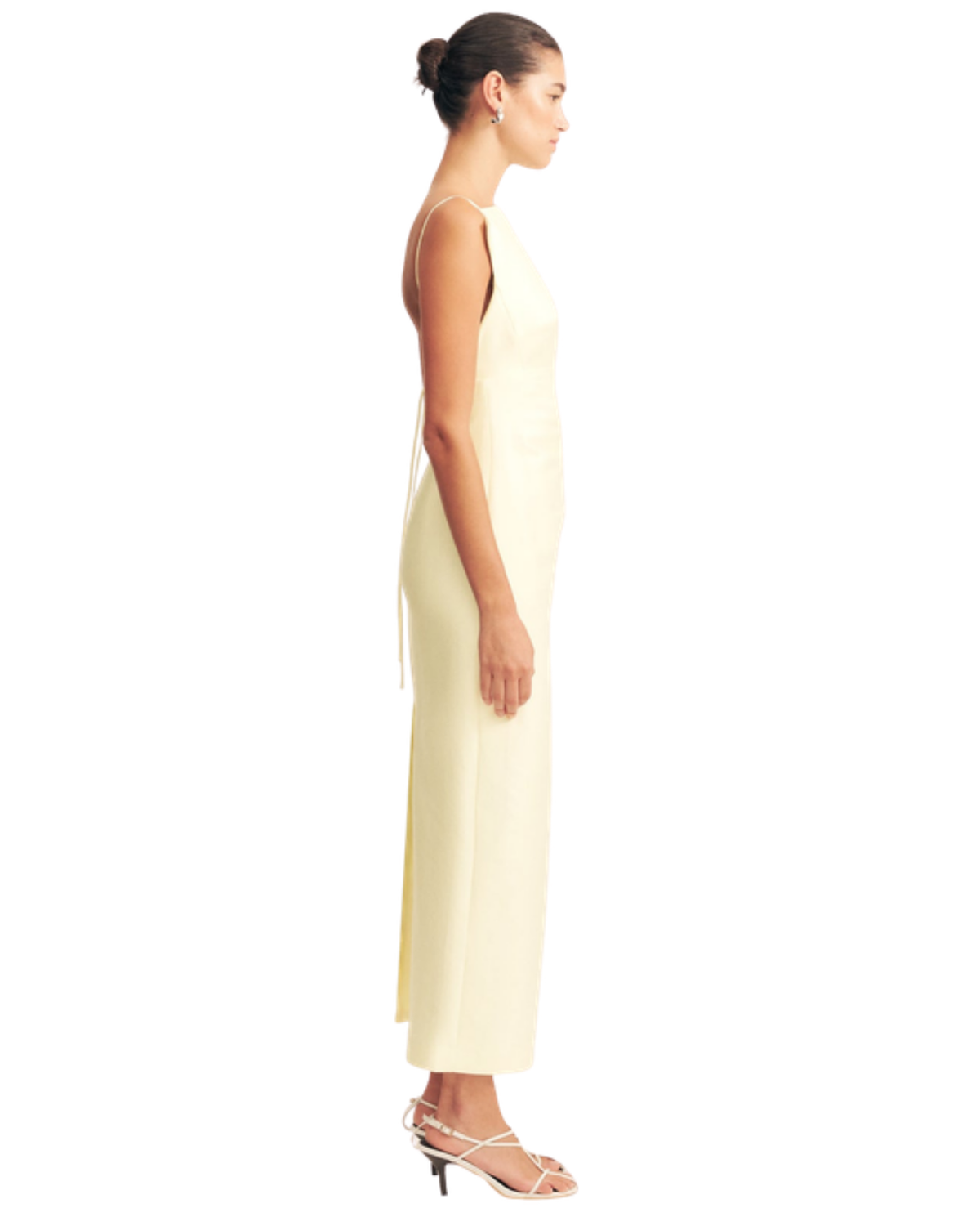 Shona Joy Otis Draped High Neck Midi Dress in Yuzu pale yellow, side view